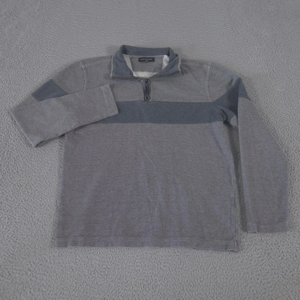 Banana Republic Sweater Men Large Grey Blue Striped 100% Cotton Quarter Zip Knit
